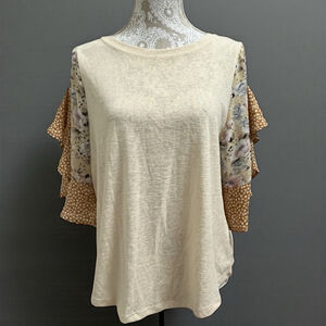 Umgee USA Women’s Top Small Beige Ruffle Floral Mixed Print Sleeve Boho Casual
